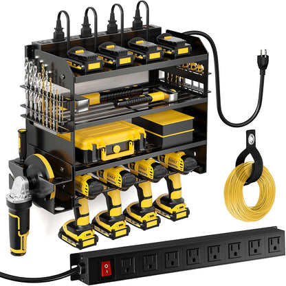Large Power Tool Organizer Wall Mount with Charging Station,4 Layer Heavy Duty Metal Tool Storage Shelf Loads 600lbs,Battery Utility Rack With 4 Outlet Power Strip with 8 Cordless Drill Holder