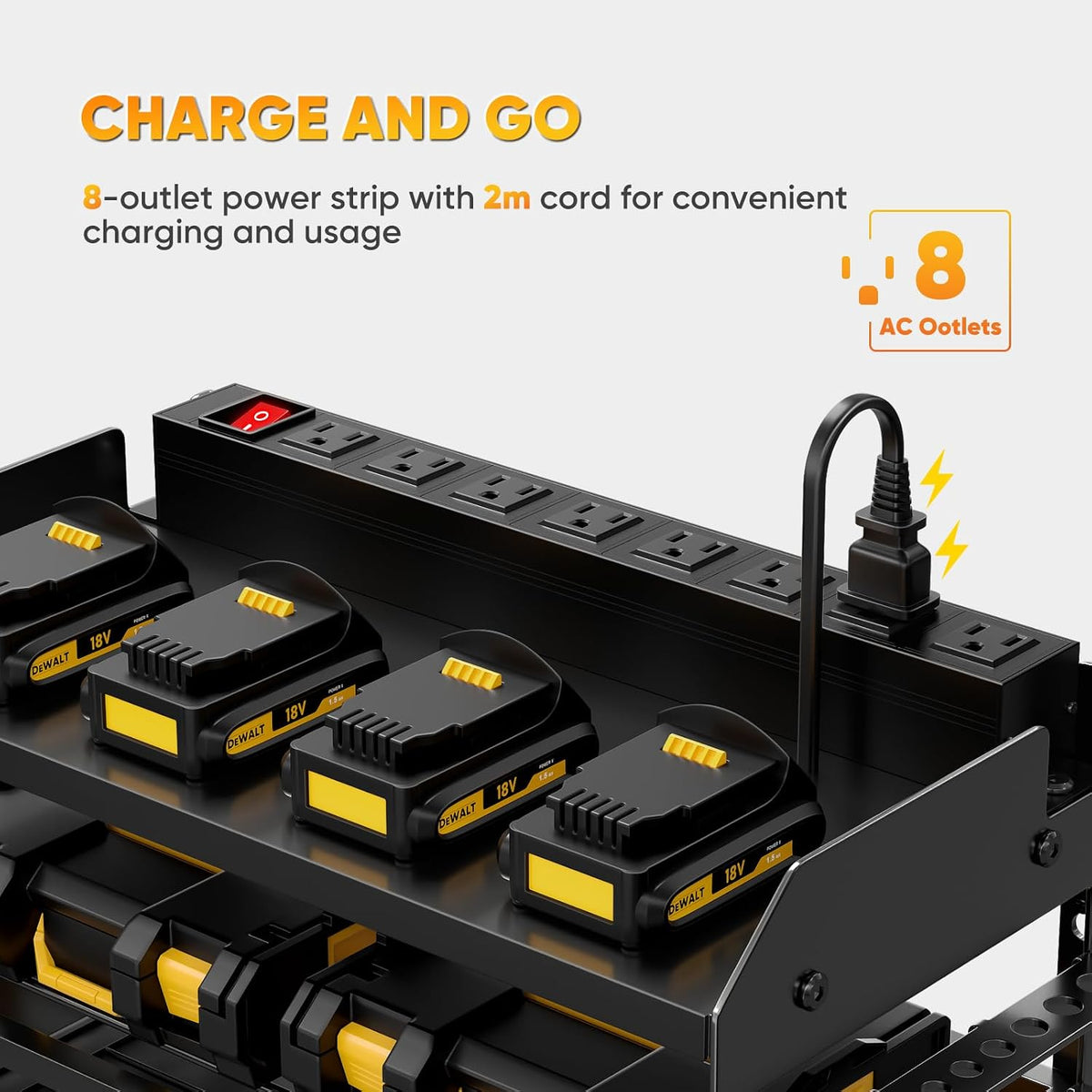 Large Power Tool Organizer Wall Mount with Charging Station,4 Layer Heavy Duty Metal Tool Storage Shelf Loads 600lbs,Battery Utility Rack With 4 Outlet Power Strip with 8 Cordless Drill Holder