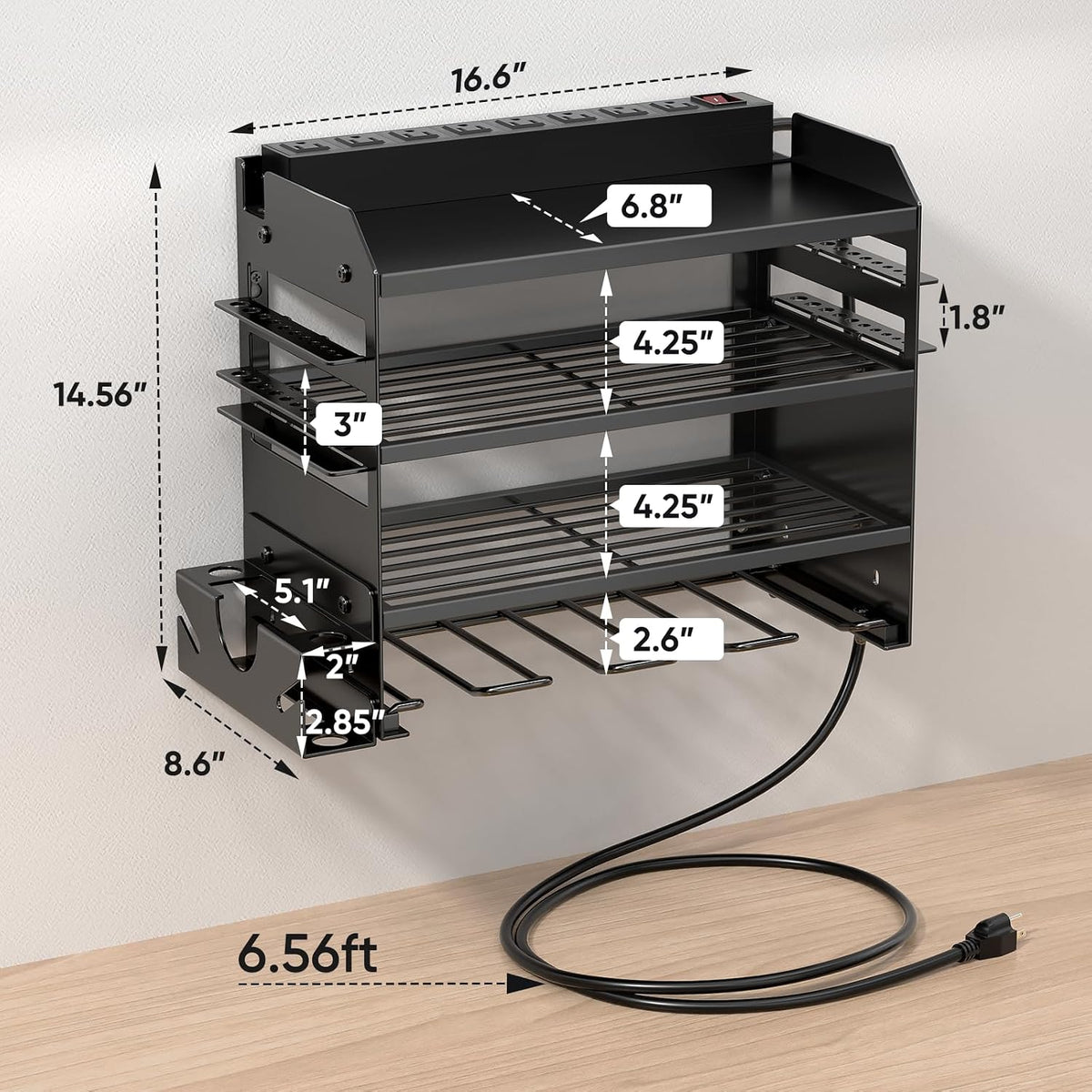 Large Power Tool Organizer Wall Mount with Charging Station,4 Layer Heavy Duty Metal Tool Storage Shelf Loads 600lbs,Battery Utility Rack With 4 Outlet Power Strip with 8 Cordless Drill Holder