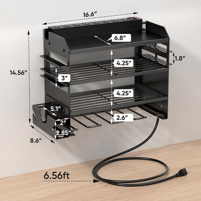 Large Power Tool Organizer Wall Mount with Charging Station,4 Layer Heavy Duty Metal Tool Storage Shelf Loads 600lbs,Battery Utility Rack With 4 Outlet Power Strip with 8 Cordless Drill Holder