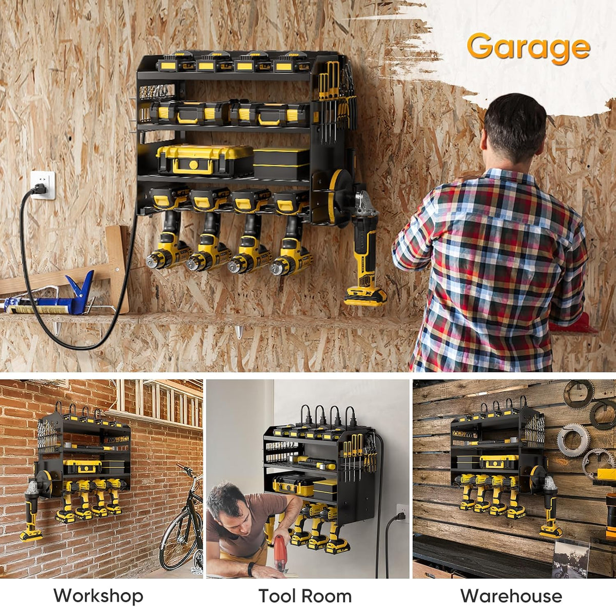 Large Power Tool Organizer Wall Mount with Charging Station,4 Layer Heavy Duty Metal Tool Storage Shelf Loads 600lbs,Battery Utility Rack With 4 Outlet Power Strip with 8 Cordless Drill Holder