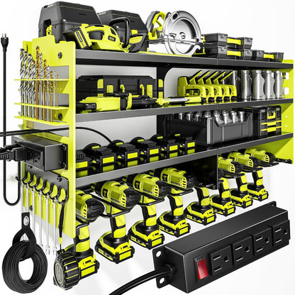 Large Power Tool Organizer Wall Mount with Charging Station,4 Layer Heavy Duty Metal Tool Storage Shelf Loads 600lbs,Battery Utility Rack With 4 Outlet Power Strip with 8 Cordless Drill Holder