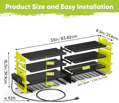 Large Power Tool Organizer Wall Mount with Charging Station,4 Layer Heavy Duty Metal Tool Storage Shelf Loads 600lbs,Battery Utility Rack With 4 Outlet Power Strip with 8 Cordless Drill Holder