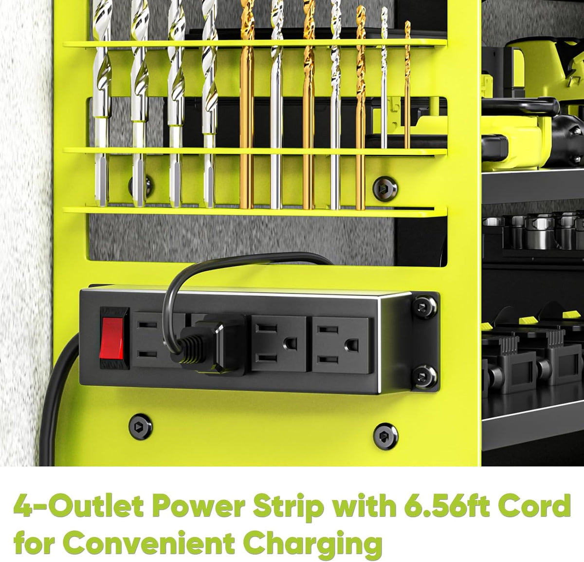 Large Power Tool Organizer Wall Mount with Charging Station,4 Layer Heavy Duty Metal Tool Storage Shelf Loads 600lbs,Battery Utility Rack With 4 Outlet Power Strip with 8 Cordless Drill Holder