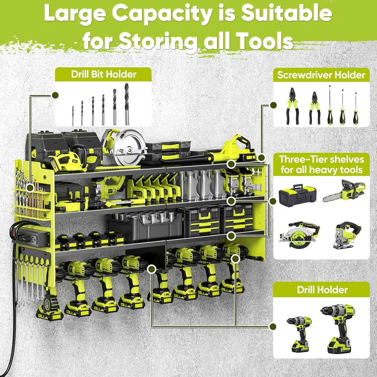 Large Power Tool Organizer Wall Mount with Charging Station,4 Layer Heavy Duty Metal Tool Storage Shelf Loads 600lbs,Battery Utility Rack With 4 Outlet Power Strip with 8 Cordless Drill Holder