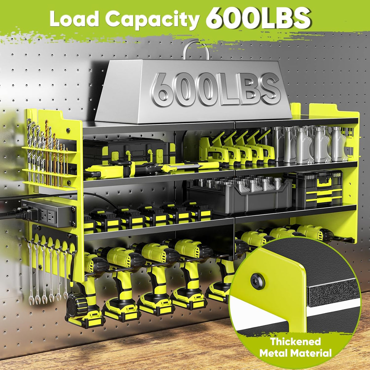 Large Power Tool Organizer Wall Mount with Charging Station,4 Layer Heavy Duty Metal Tool Storage Shelf Loads 600lbs,Battery Utility Rack With 4 Outlet Power Strip with 8 Cordless Drill Holder