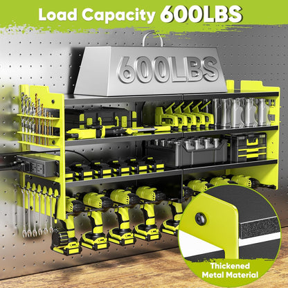 Large Power Tool Organizer Wall Mount with Charging Station,4 Layer Heavy Duty Metal Tool Storage Shelf Loads 600lbs,Battery Utility Rack With 4 Outlet Power Strip with 8 Cordless Drill Holder