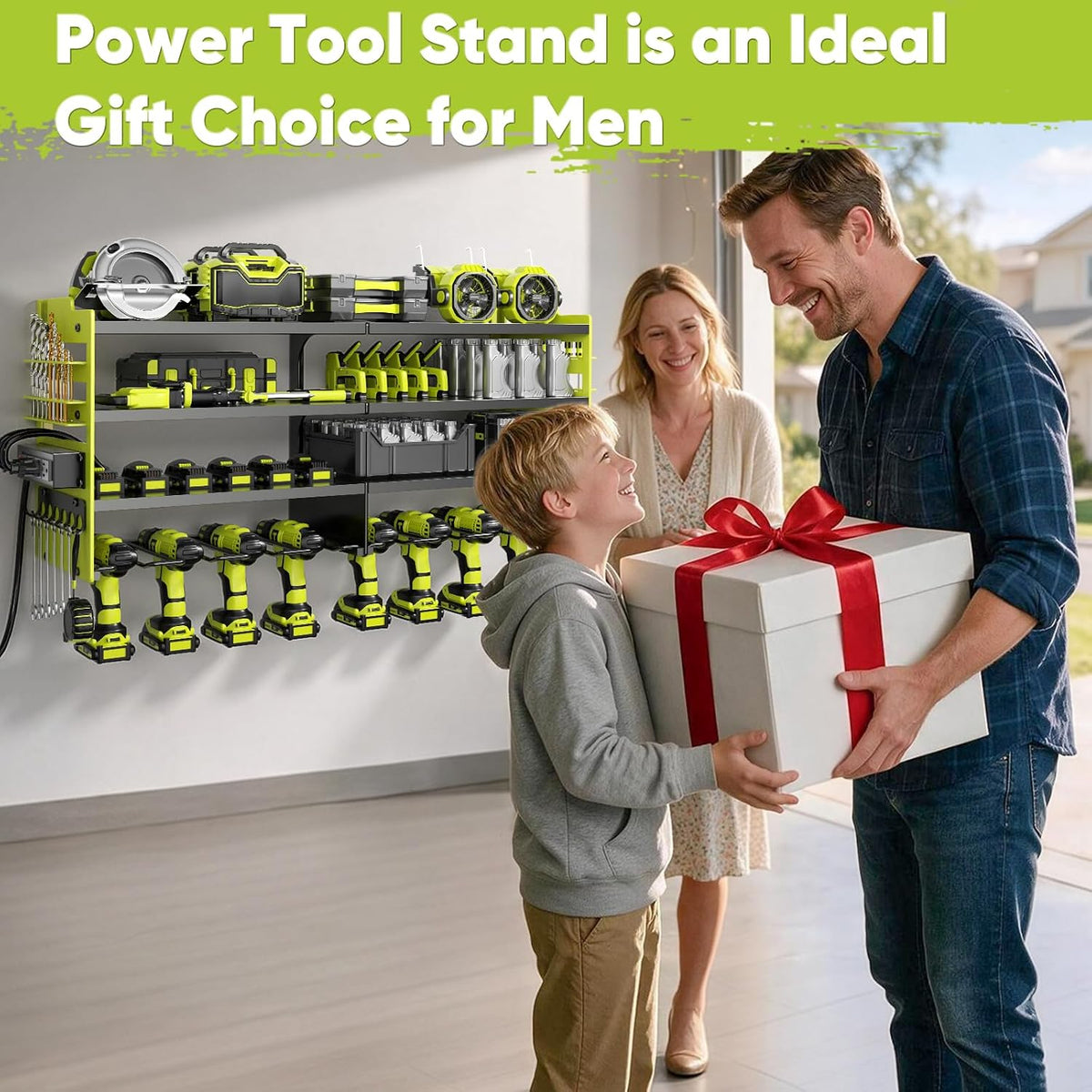 Large Power Tool Organizer Wall Mount with Charging Station,4 Layer Heavy Duty Metal Tool Storage Shelf Loads 600lbs,Battery Utility Rack With 4 Outlet Power Strip with 8 Cordless Drill Holder