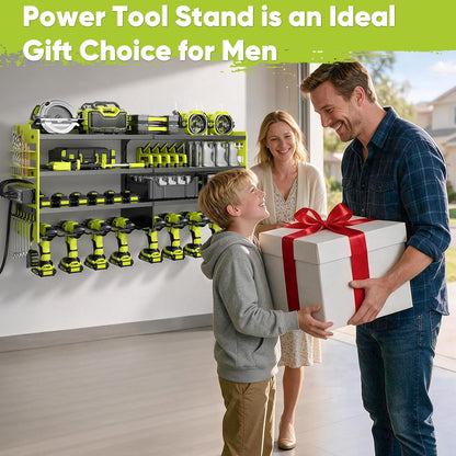 Large Power Tool Organizer Wall Mount with Charging Station,4 Layer Heavy Duty Metal Tool Storage Shelf Loads 600lbs,Battery Utility Rack With 4 Outlet Power Strip with 8 Cordless Drill Holder