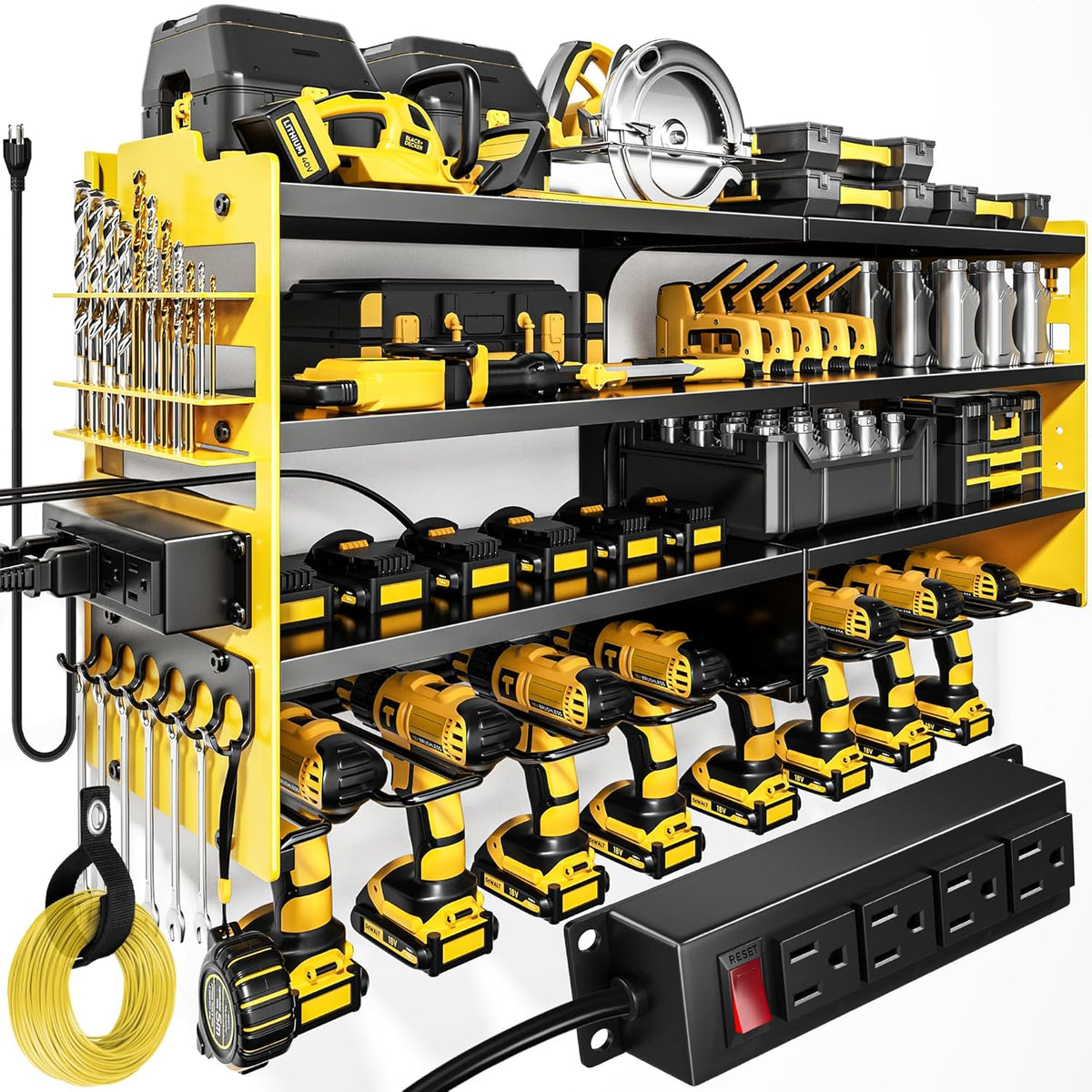 Large Power Tool Organizer Wall Mount with Charging Station,4 Layer Heavy Duty Metal Tool Storage Shelf Loads 600lbs,Battery Utility Rack With 4 Outlet Power Strip with 8 Cordless Drill Holder