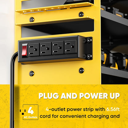 Large Power Tool Organizer Wall Mount with Charging Station,4 Layer Heavy Duty Metal Tool Storage Shelf Loads 600lbs,Battery Utility Rack With 4 Outlet Power Strip with 8 Cordless Drill Holder