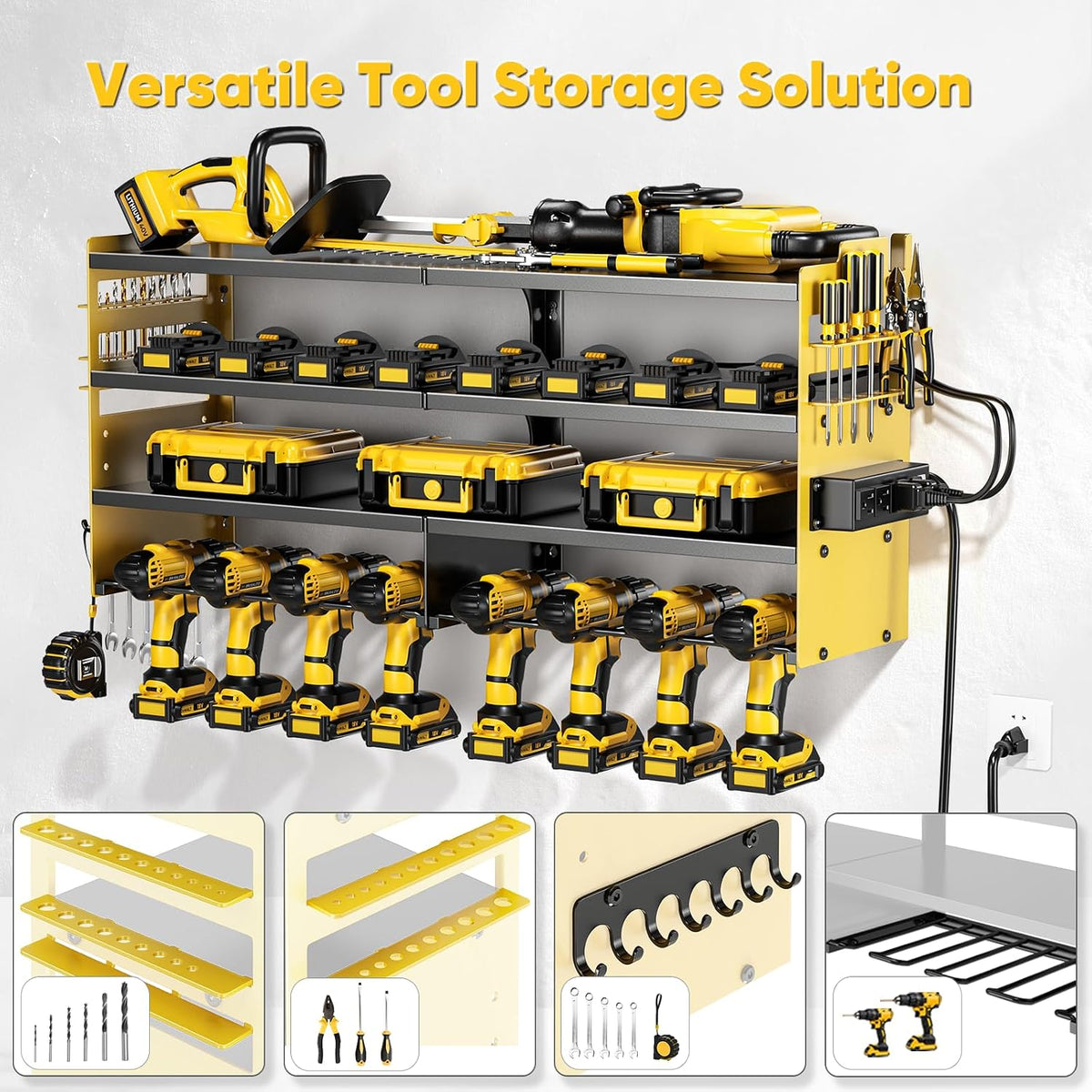 Large Power Tool Organizer Wall Mount with Charging Station,4 Layer Heavy Duty Metal Tool Storage Shelf Loads 600lbs,Battery Utility Rack With 4 Outlet Power Strip with 8 Cordless Drill Holder