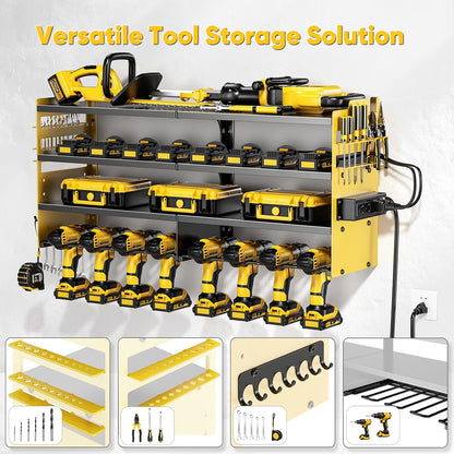 Large Power Tool Organizer Wall Mount with Charging Station,4 Layer Heavy Duty Metal Tool Storage Shelf Loads 600lbs,Battery Utility Rack With 4 Outlet Power Strip with 8 Cordless Drill Holder