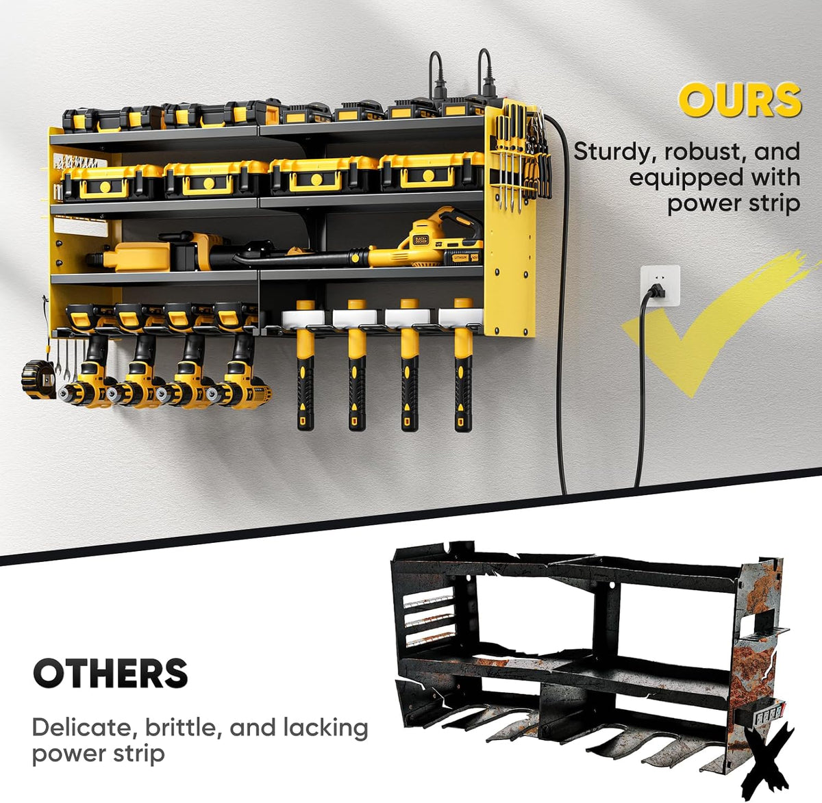Large Power Tool Organizer Wall Mount with Charging Station,4 Layer Heavy Duty Metal Tool Storage Shelf Loads 600lbs,Battery Utility Rack With 4 Outlet Power Strip with 8 Cordless Drill Holder