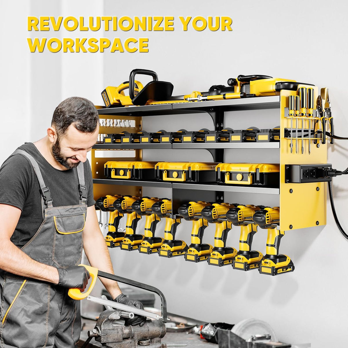 Large Power Tool Organizer Wall Mount with Charging Station,4 Layer Heavy Duty Metal Tool Storage Shelf Loads 600lbs,Battery Utility Rack With 4 Outlet Power Strip with 8 Cordless Drill Holder