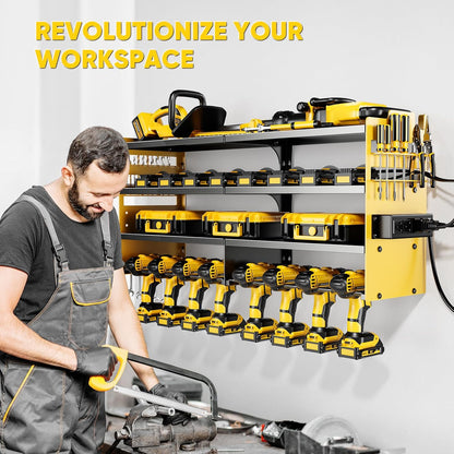 Large Power Tool Organizer Wall Mount with Charging Station,4 Layer Heavy Duty Metal Tool Storage Shelf Loads 600lbs,Battery Utility Rack With 4 Outlet Power Strip with 8 Cordless Drill Holder