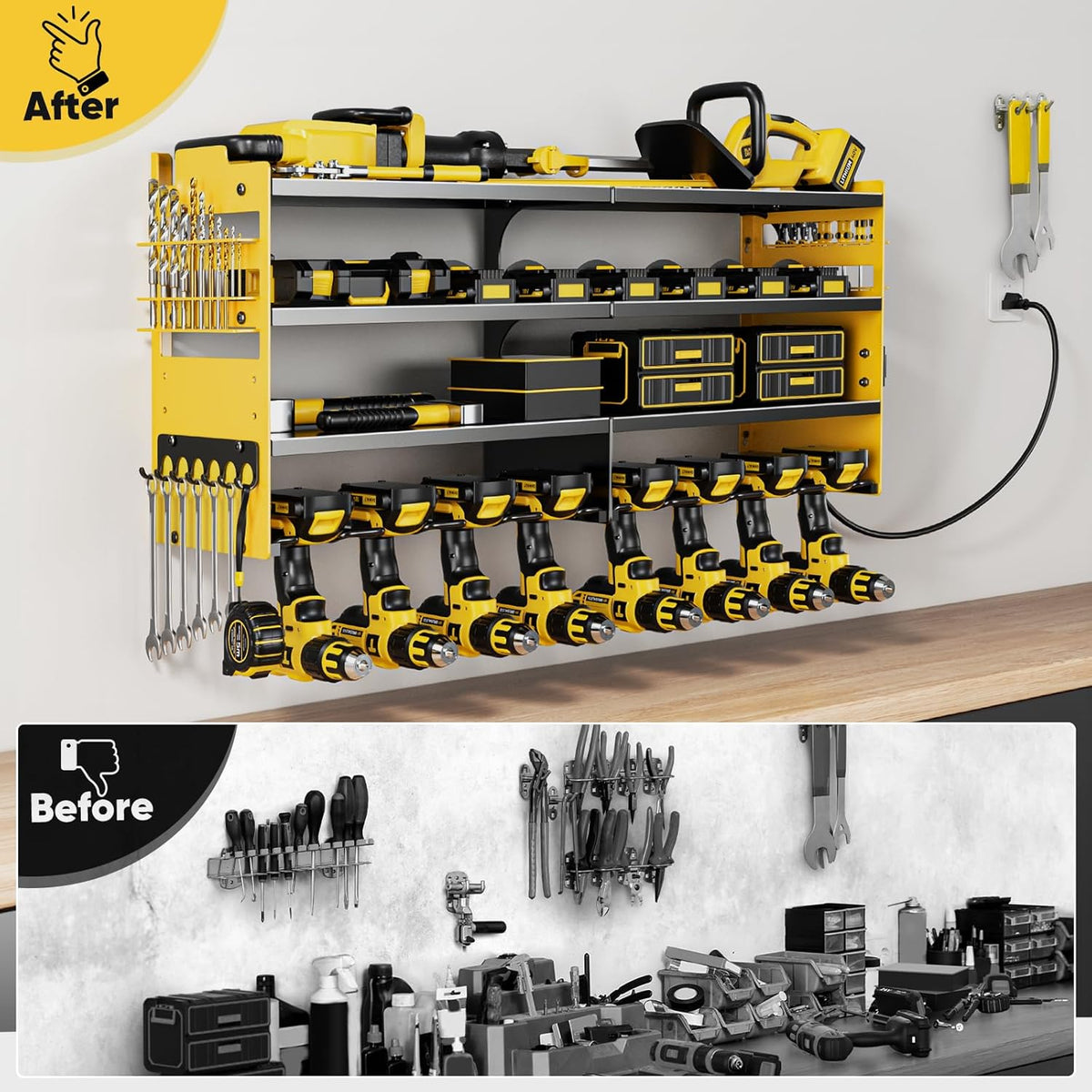 Large Power Tool Organizer Wall Mount with Charging Station,4 Layer Heavy Duty Metal Tool Storage Shelf Loads 600lbs,Battery Utility Rack With 4 Outlet Power Strip with 8 Cordless Drill Holder
