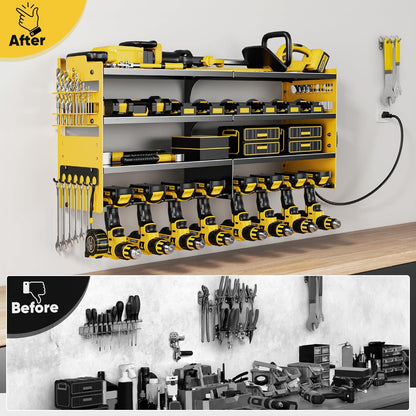 Large Power Tool Organizer Wall Mount with Charging Station,4 Layer Heavy Duty Metal Tool Storage Shelf Loads 600lbs,Battery Utility Rack With 4 Outlet Power Strip with 8 Cordless Drill Holder
