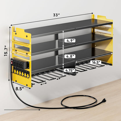 Large Power Tool Organizer Wall Mount with Charging Station,4 Layer Heavy Duty Metal Tool Storage Shelf Loads 600lbs,Battery Utility Rack With 4 Outlet Power Strip with 8 Cordless Drill Holder