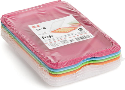 Set 4 cold meat container, with lid and body removed, in four colours, reusable and stackable, made of BpA-free plastic