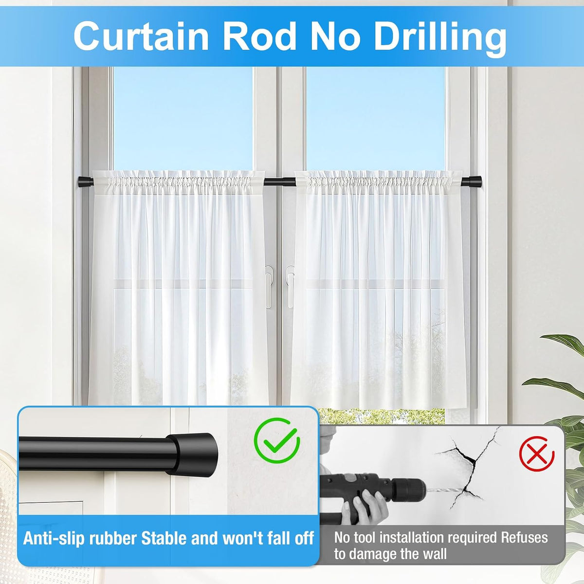 2 Pack Spring Loaded Tension Rod 17-41" Tension Curtain Rods tension