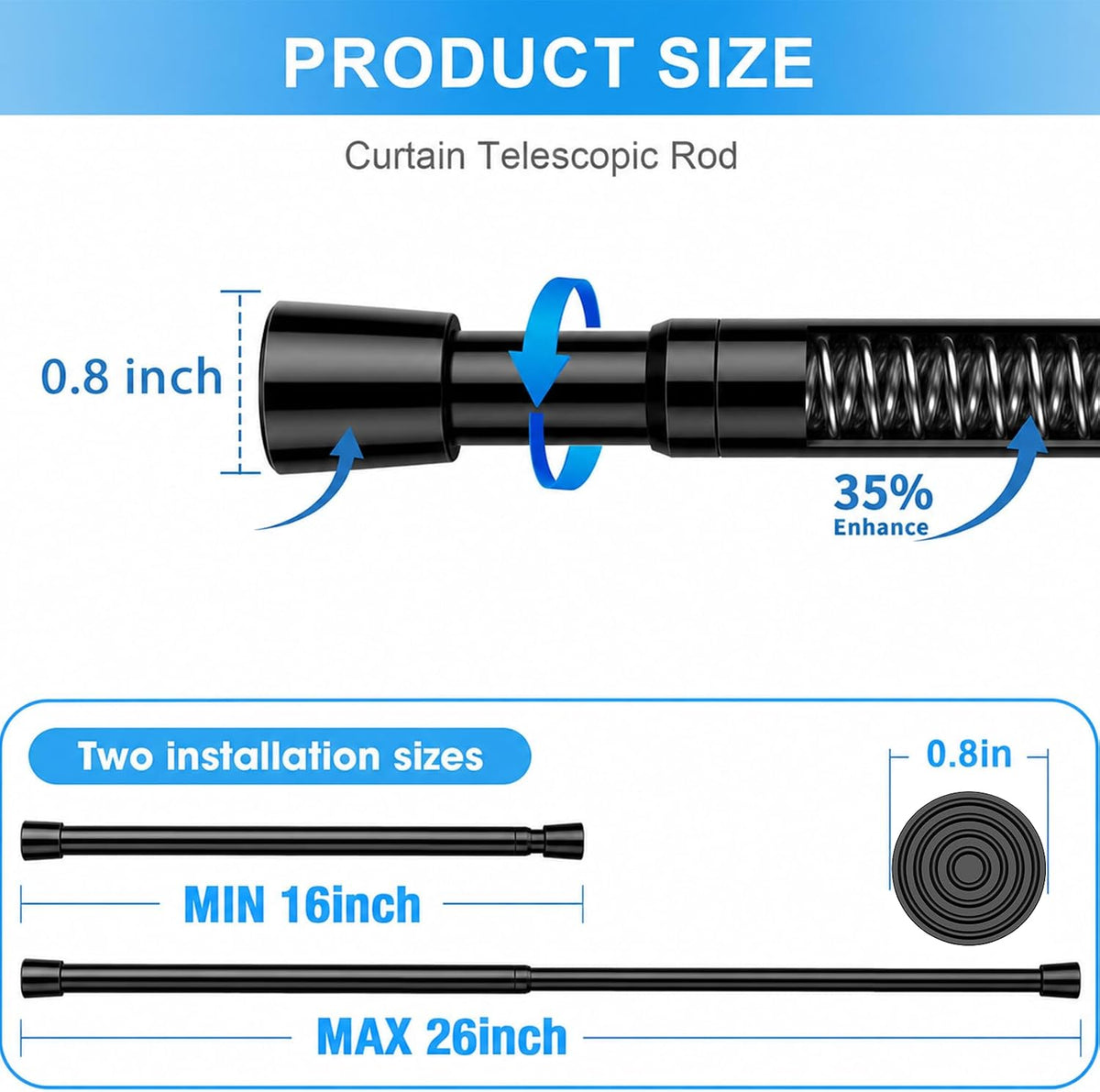 2 Pack Spring Loaded Tension Rod 17-41" Tension Curtain Rods tension