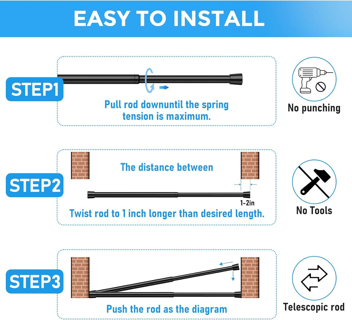 2 Pack Spring Loaded Tension Rod 17-41" Tension Curtain Rods tension