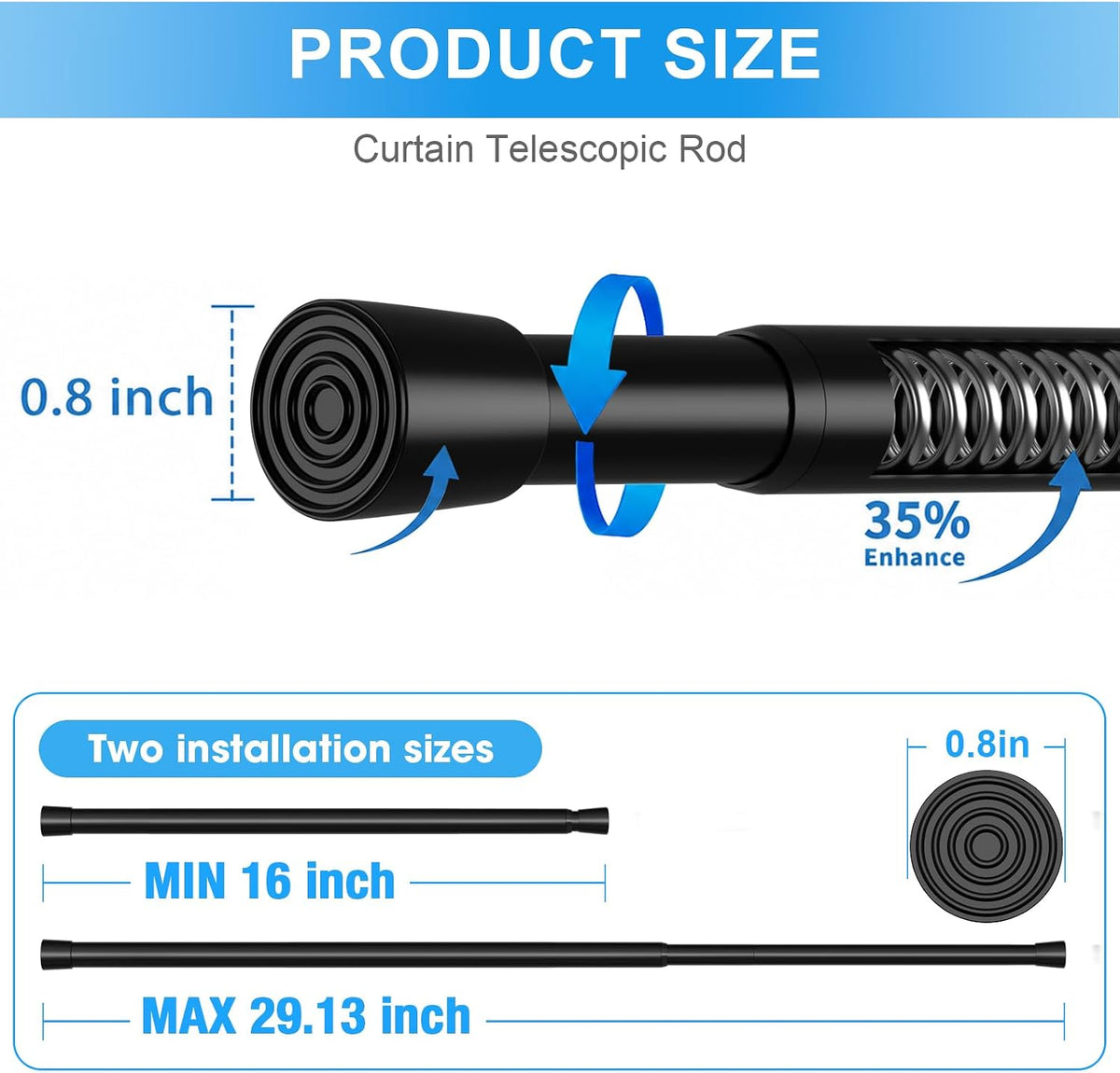 2 Pack Spring Loaded Tension Rod 17-41" Tension Curtain Rods tension