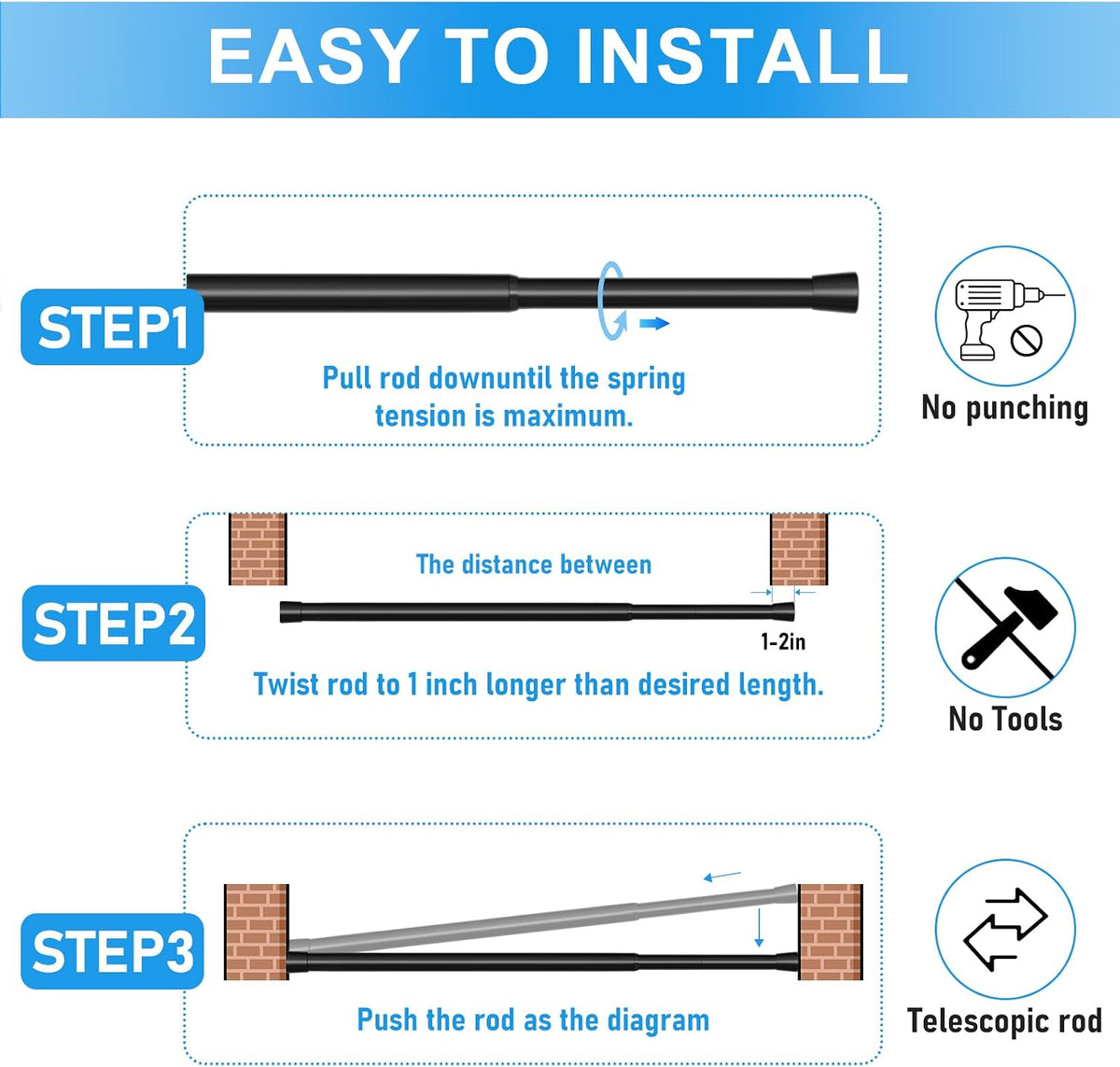 2 Pack Spring Loaded Tension Rod 17-41" Tension Curtain Rods tension