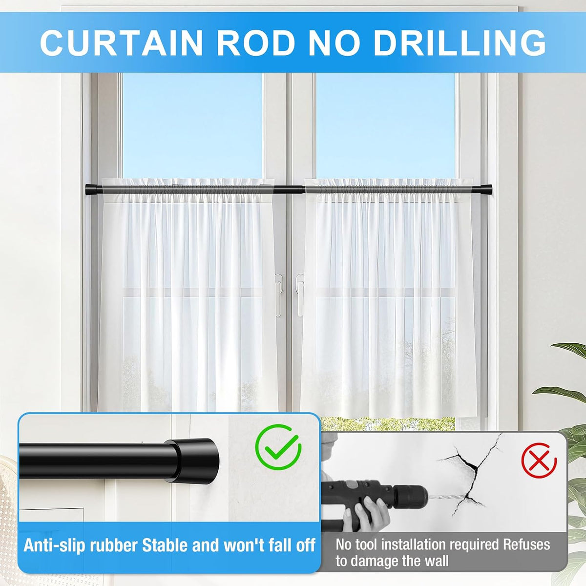 2 Pack Spring Loaded Tension Rod 17-41" Tension Curtain Rods tension