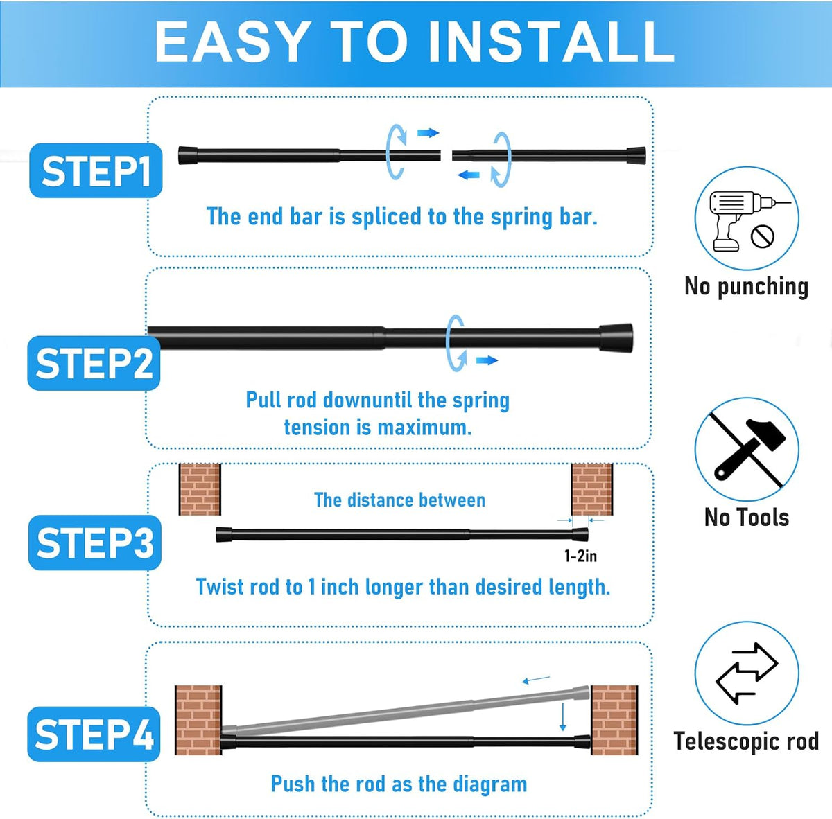 2 Pack Spring Loaded Tension Rod 17-41" Tension Curtain Rods tension