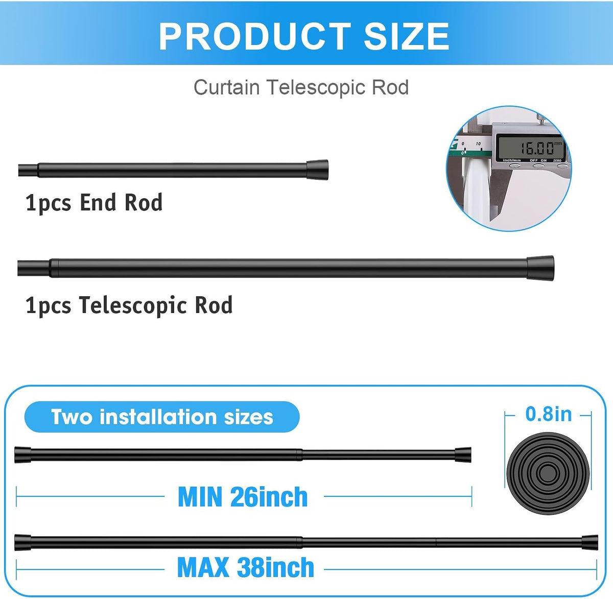 2 Pack Spring Loaded Tension Rod 17-41" Tension Curtain Rods tension