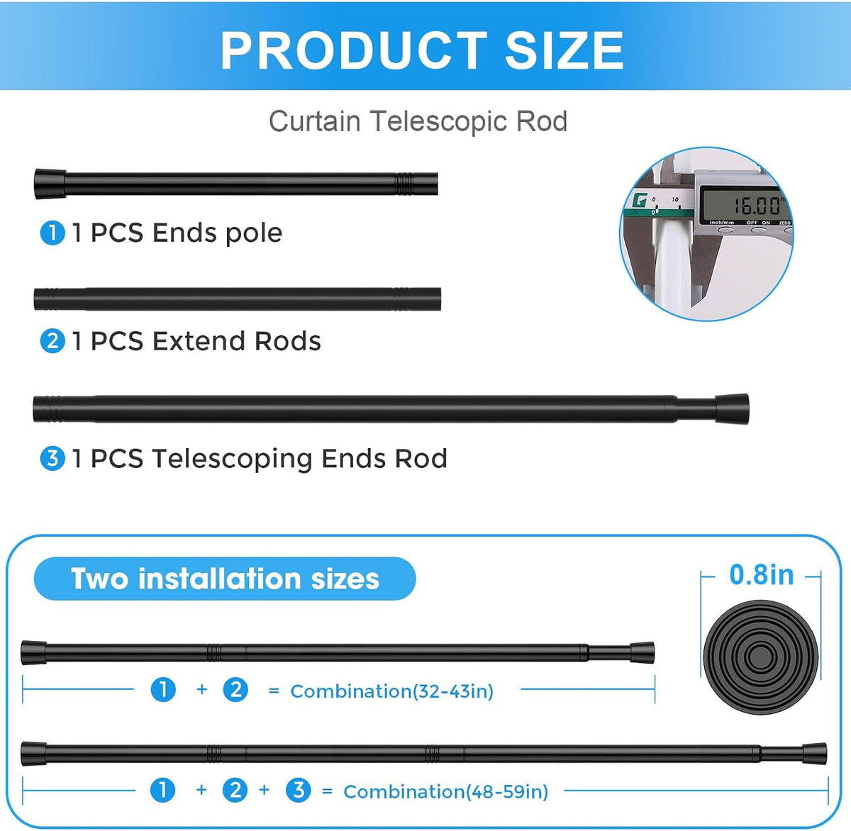 2 Pack Spring Loaded Tension Rod 17-41" Tension Curtain Rods tension