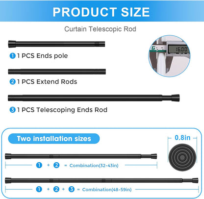 2 Pack Spring Loaded Tension Rod 17-41" Tension Curtain Rods tension
