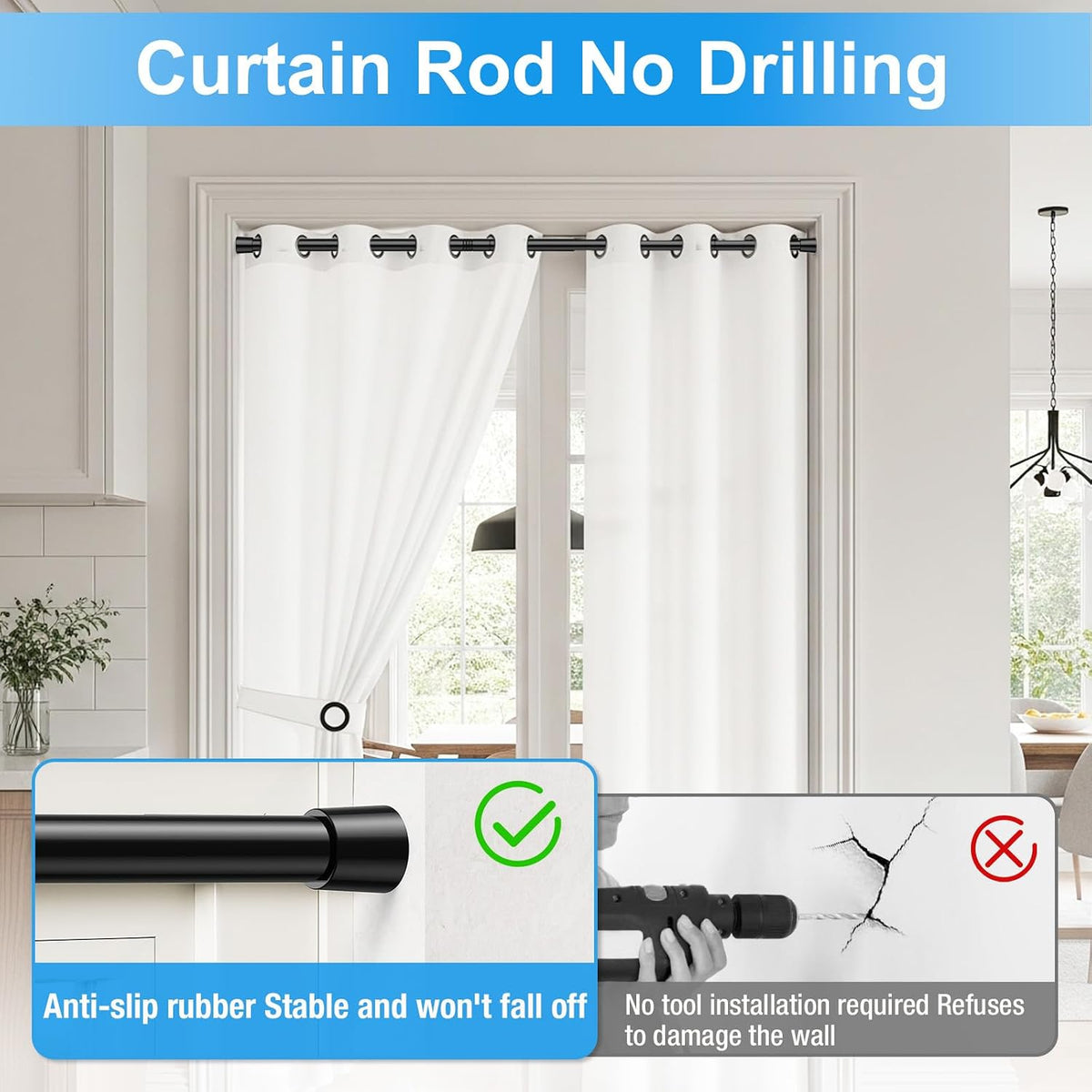 2 Pack Spring Loaded Tension Rod 17-41" Tension Curtain Rods tension