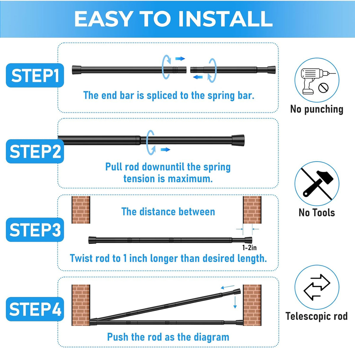 2 Pack Spring Loaded Tension Rod 17-41" Tension Curtain Rods tension