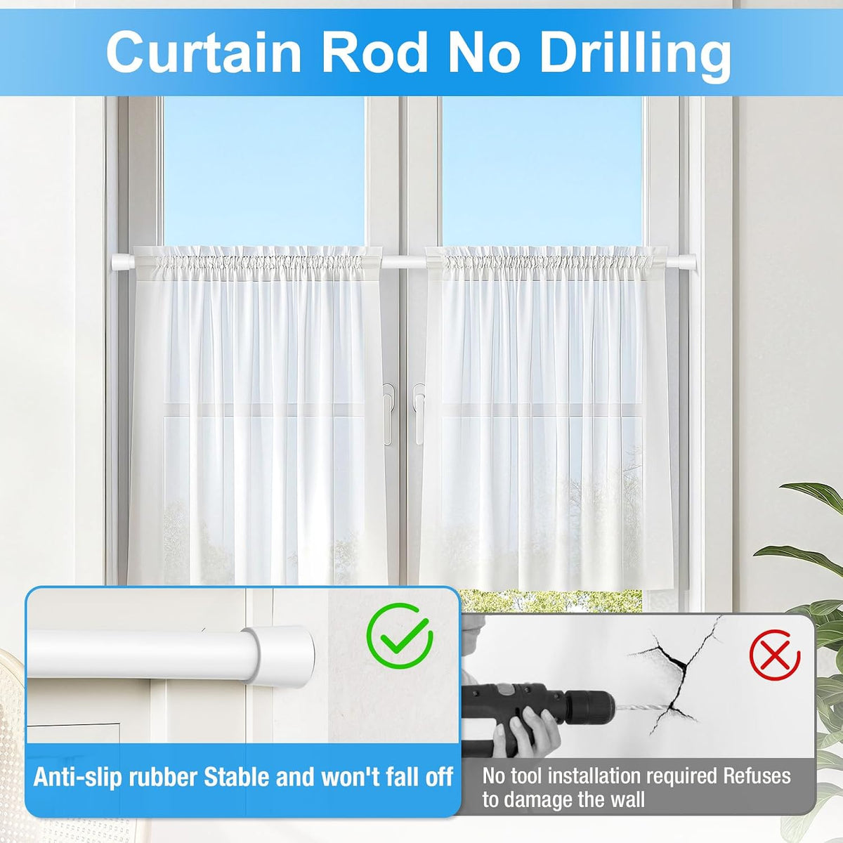 2 Pack Spring Loaded Tension Rod 17-41" Tension Curtain Rods tension