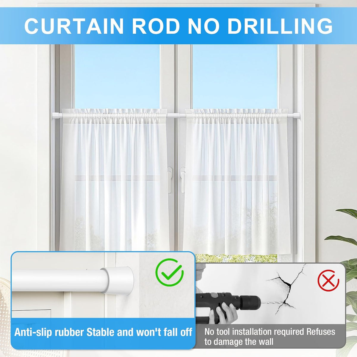 2 Pack Spring Loaded Tension Rod 17-41" Tension Curtain Rods tension