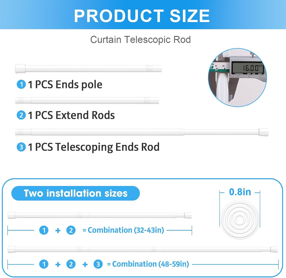 2 Pack Spring Loaded Tension Rod 17-41" Tension Curtain Rods tension