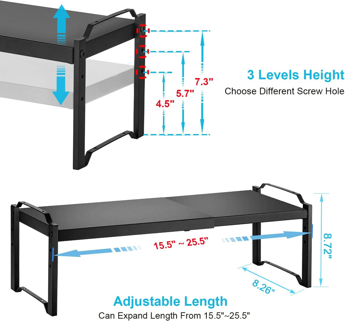 Set of 2 Expandable Kitchen Cabinet Shelves Organizers, Stackable Adjustable Small Storage Shelf Rack Stand For Pantry Cabinet Cupboard Kitchen Counter Organization, 22 lbs Capacity, Length:20.5"