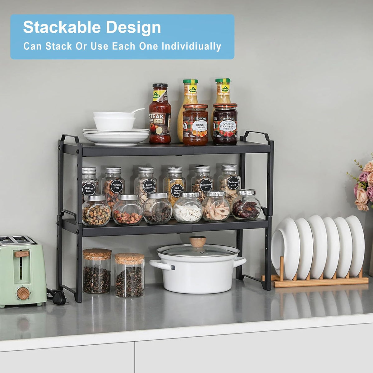 Set of 2 Expandable Kitchen Cabinet Shelves Organizers, Stackable Adjustable Small Storage Shelf Rack Stand For Pantry Cabinet Cupboard Kitchen Counter Organization, 22 lbs Capacity, Length:20.5"