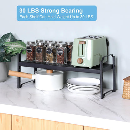 Set of 2 Expandable Kitchen Cabinet Shelves Organizers, Stackable Adjustable Small Storage Shelf Rack Stand For Pantry Cabinet Cupboard Kitchen Counter Organization, 22 lbs Capacity, Length:20.5"