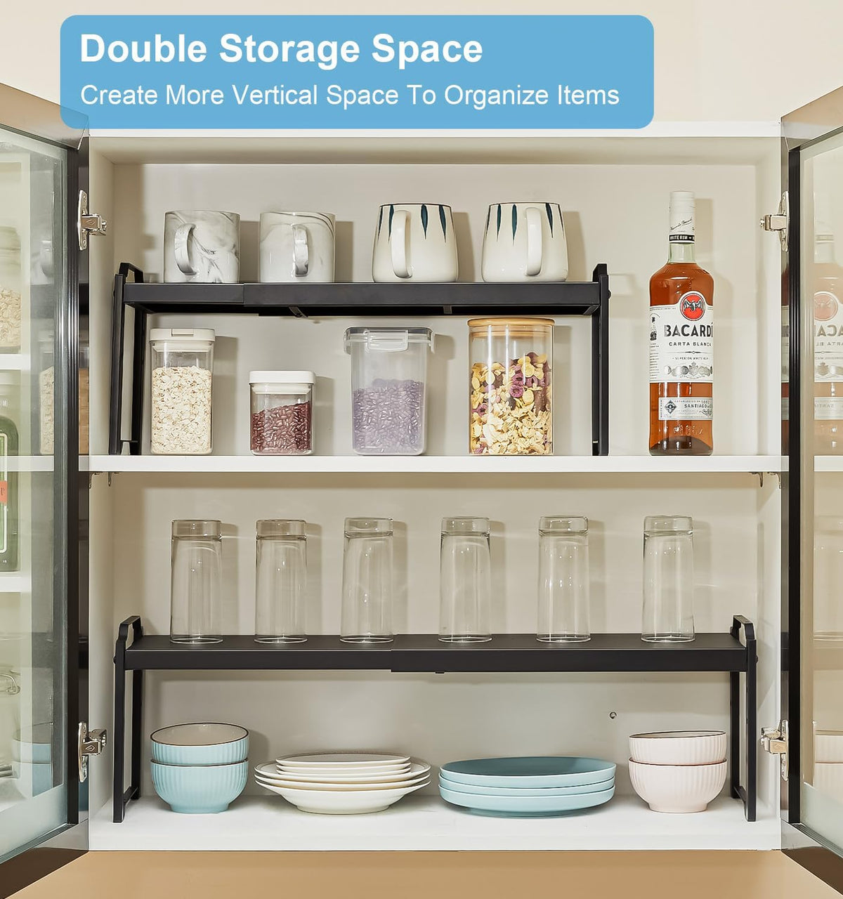 Set of 2 Expandable Kitchen Cabinet Shelves Organizers, Stackable Adjustable Small Storage Shelf Rack Stand For Pantry Cabinet Cupboard Kitchen Counter Organization, 22 lbs Capacity, Length:20.5"