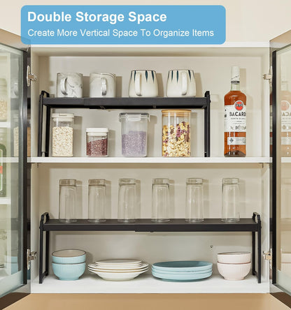 Set of 2 Expandable Kitchen Cabinet Shelves Organizers, Stackable Adjustable Small Storage Shelf Rack Stand For Pantry Cabinet Cupboard Kitchen Counter Organization, 22 lbs Capacity, Length:20.5"