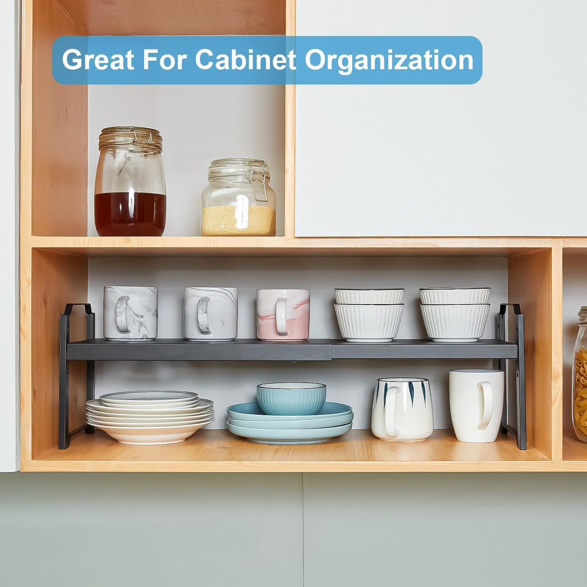 Set of 2 Expandable Kitchen Cabinet Shelves Organizers, Stackable Adjustable Small Storage Shelf Rack Stand For Pantry Cabinet Cupboard Kitchen Counter Organization, 22 lbs Capacity, Length:20.5"