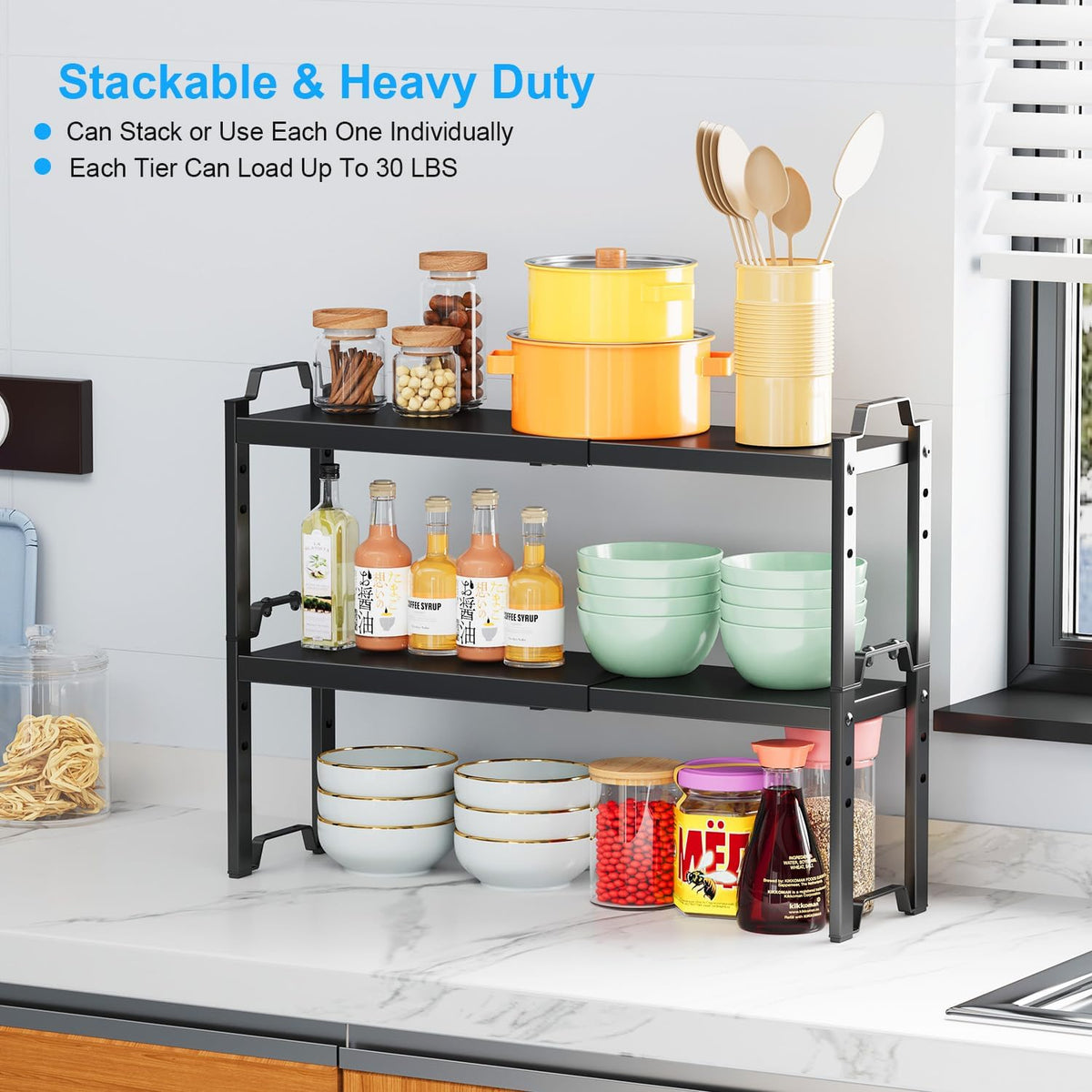 Set of 2 Expandable Kitchen Cabinet Shelves Organizers, Stackable Adjustable Small Storage Shelf Rack Stand For Pantry Cabinet Cupboard Kitchen Counter Organization, 22 lbs Capacity, Length:20.5"