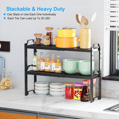 Set of 2 Expandable Kitchen Cabinet Shelves Organizers, Stackable Adjustable Small Storage Shelf Rack Stand For Pantry Cabinet Cupboard Kitchen Counter Organization, 22 lbs Capacity, Length:20.5"