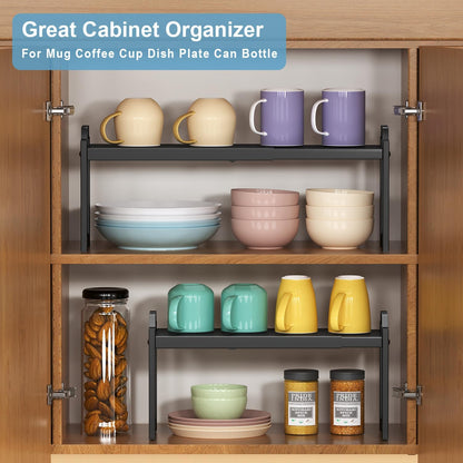 Set of 2 Expandable Kitchen Cabinet Shelves Organizers, Stackable Adjustable Small Storage Shelf Rack Stand For Pantry Cabinet Cupboard Kitchen Counter Organization, 22 lbs Capacity, Length:20.5"