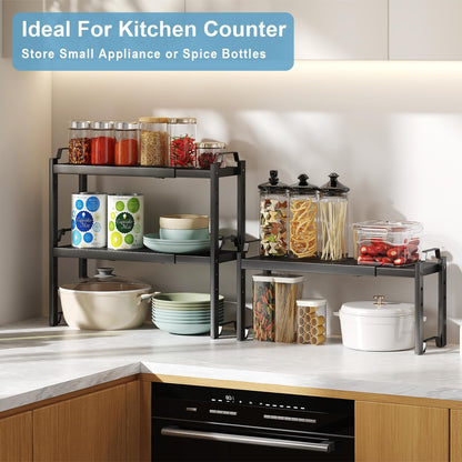 Set of 2 Expandable Kitchen Cabinet Shelves Organizers, Stackable Adjustable Small Storage Shelf Rack Stand For Pantry Cabinet Cupboard Kitchen Counter Organization, 22 lbs Capacity, Length:20.5"