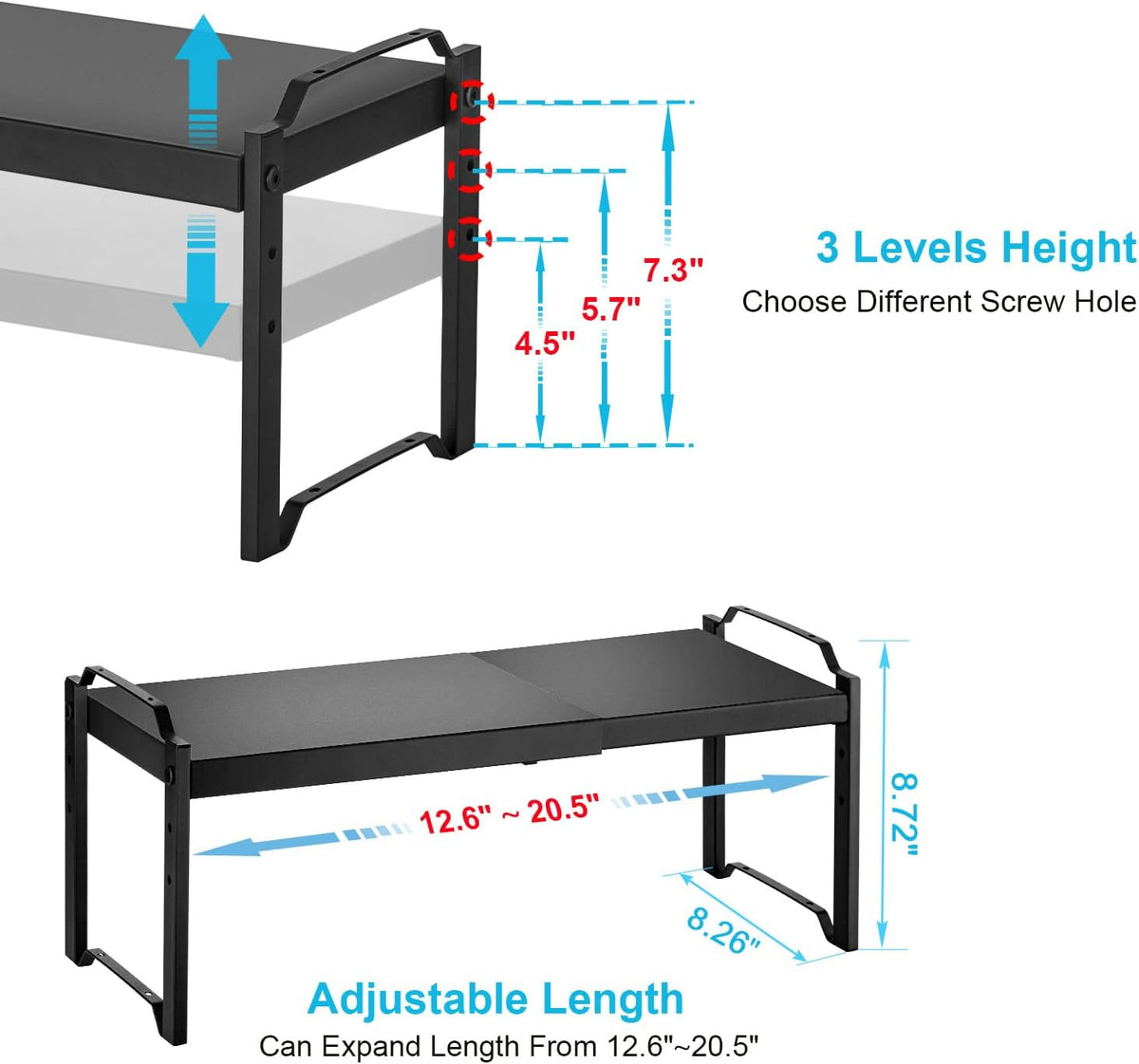 Set of 2 Expandable Kitchen Cabinet Shelves Organizers, Stackable Adjustable Small Storage Shelf Rack Stand For Pantry Cabinet Cupboard Kitchen Counter Organization, 22 lbs Capacity, Length:20.5"